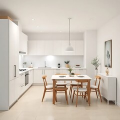 minimalist kitchen with dining area &mdash; all with a white background, elegant, simple, and multifunctional focus