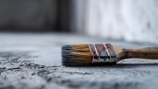 A worn paintbrush rests on a textured , suggesting a painting project or artistic endeavor with visible wear and tear.