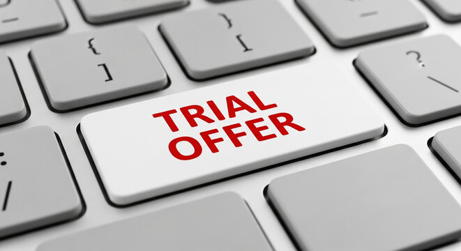 Close-up of keyboard key displaying "Trial Offer" in red, suggesting a free trial opportunity, symbolizing online access and business promotion