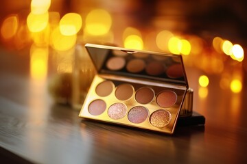 A makeup palette on a table with warm lights. The palette is gold and sparkly.