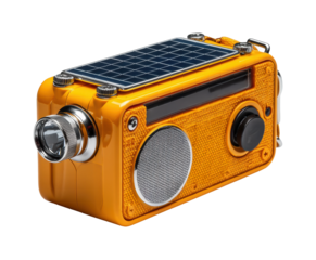 Solar-powered emergency radio adventure portable device rugged environment view isolated on transparent background, png