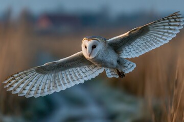 A barn owl in flight with wings spread wide against a blurred background of field and sky at dusk