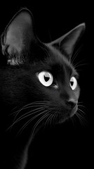 Black Cat Appreciation Day A striking black cat with piercing white eyes gazing thoughtfully against a dark background.