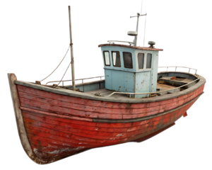 A weathered red wooden fishing boat with a blue cabin sitting on a black background in a studio shot