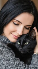 Black Cat Appreciation Day A woman lovingly embraces her black cat, showcasing a warm bond between humans and pets in a cozy setting.