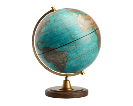 A vintage globe with a wooden base and golden accents displayed against a black background image view