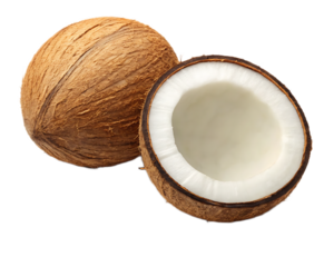 A whole coconut and a halved coconut with white flesh isolated against a black background view