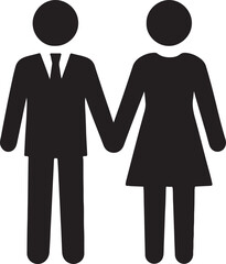 Black silhouette of a man in a suit and a woman in a dress holding hands couple