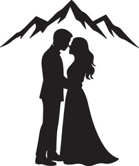 Black silhouette of a couple embracing under mountain peaks mountains love