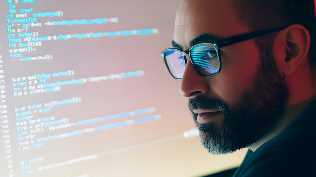 Focused software developer analyzing code, modern technology, innovation, data analysis, cybersecurity, coding, programming, online work, digital world - Powered by Adobe