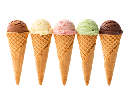 A row of five ice cream cones with different flavors sitting side by side on a black background