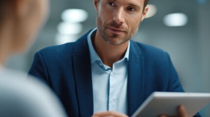 Fototapeta premium Focused Dialogue: A professional in a navy suit engaging in a focused conversation, holding a digital tablet, representing business, teamwork and collaboration.