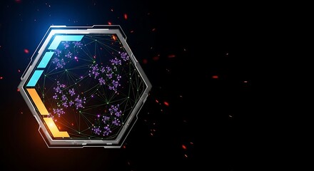 Abstract Futuristic Global Network: Hexagon Interface, Glowing Nodes, Dark Background, Technology Concept