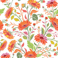 Seamless vector pattern featuring sunflowers with sharp, layered petals in Red and Green, placed on a white background