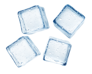 A close up shot of four ice cubes with water droplets against a black background in a studio setting