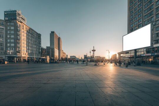 Blank billboard panel on Alexanderplatz Berlin modern building, central public square with pedestrians in bright daylight