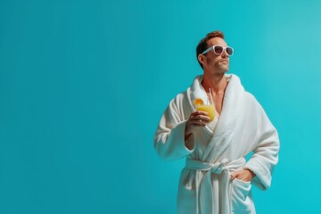 A man in a bathrobe, savoring the moment at the spa with a refreshing drink. on a blue background