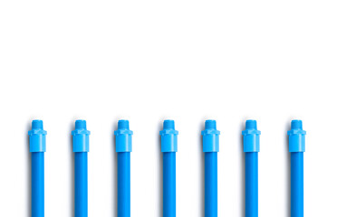 Blue PVC pipe set, separate on a white background, blue plastic water pipe, PVC accessories for plumbing work Plumber equipment Bend and connect the three-way plastic pipe to drain the waste water.
