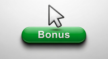 Green glossy button with "Bonus" text, a cursor hovering above it, suggesting a clickable element for rewards or additional offers