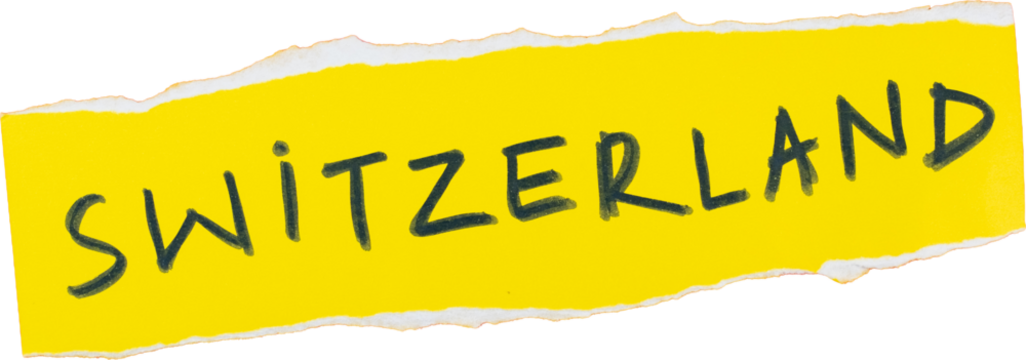 Switzerland torn paper label on bright yellow background for travel and adventure designs