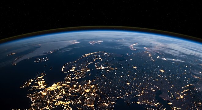 Earth at night showing europe from space illuminated cities - Powered by Adobe