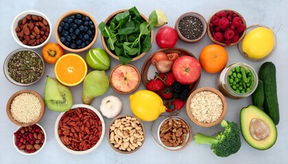 Top view of nutrient-rich foods for promoting wellness and vitality. A colorful assortment of plant-based superfood ingredients.