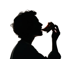 Eating pizza silhouette urban lifestyle nighttime mood isolated on transparent background, png