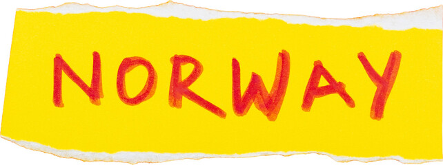 Norway handwritten text in red on bright yellow torn paper background for travel and tourism themes