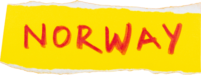 Norway handwritten text in red on bright yellow torn paper background for travel and tourism themes