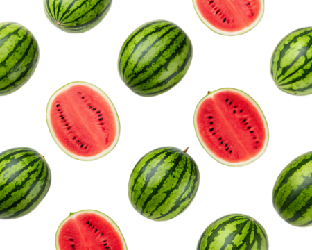 A seamless pattern of whole and halved watermelons with a black background in a repeating arrangement