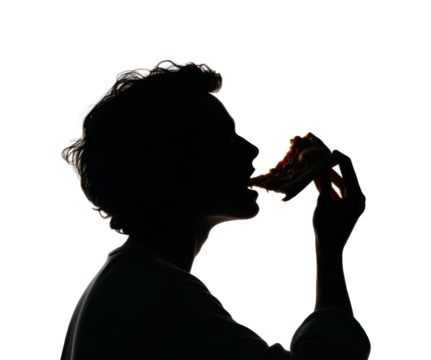 Eating pizza silhouette urban lifestyle nighttime mood isolated on transparent background, png