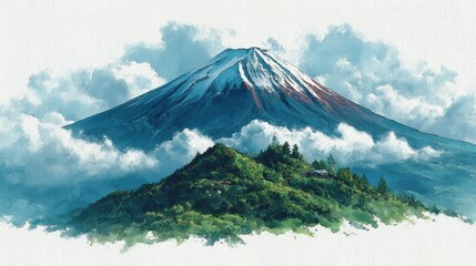 Watercolor rendering of majestic mountain landscape shrouded in serene clouds