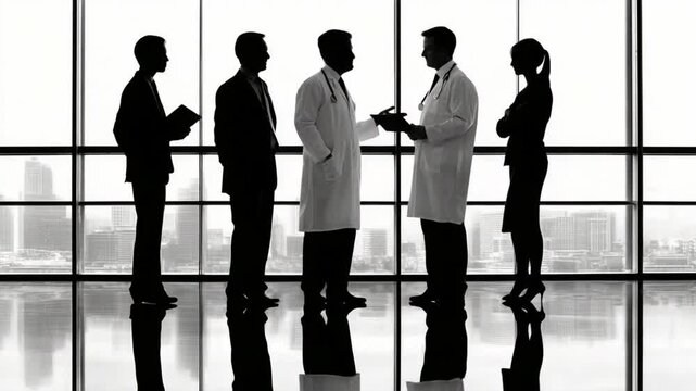 Team of Experts at Discussion: A team of professionals, including doctors, engage in a focused discussion. The scene's natural light and reflections underscore their roles.