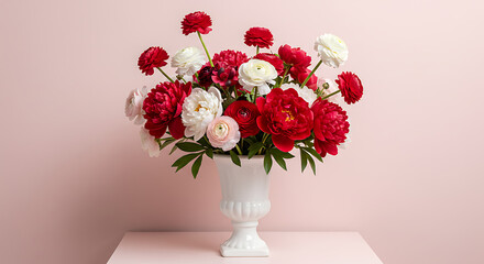 Obraz premium Elegant Bouquet of Red and White Peonies and Ranunculus in Vase Against Pink Background