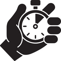 Hand Holding Stopwatch Icon: Black Vector Symbol, Time Management Sign, Urgent Deadline Concept