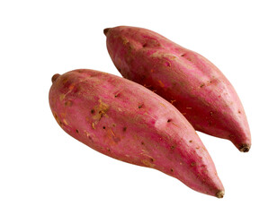 Fresh sweet potato and raw red dragon fruit on a white background