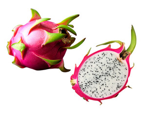 An isolated dragon fruit with vibrant pink and red skin, also known as pitaya, on a white background