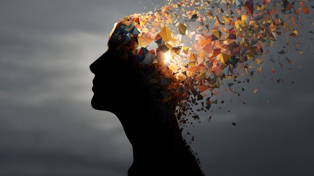 A silhouette of a human head exploding into colorful fragments, a concept for creativity, ideas, and brainstorming
