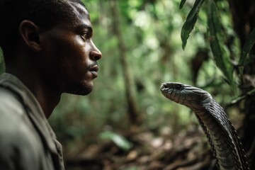 A man meets a cobra in the jungle. They stand and stare at each other.