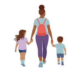 Colorful illustration of an adult and two children walking hand-in-hand with backpacks, representing parenting, safety, and togetherness.