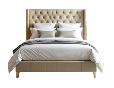 Comfortable and luxurious bed with pillows and bedding in a stylish hotel bedroom interior