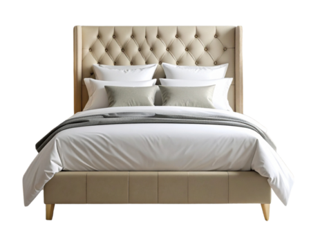 Comfortable and luxurious bed with pillows and bedding in a stylish hotel bedroom interior