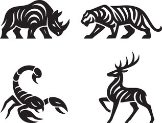 Obraz premium Stylized black silhouettes of a rhinoceros tiger scorpion and deer on white