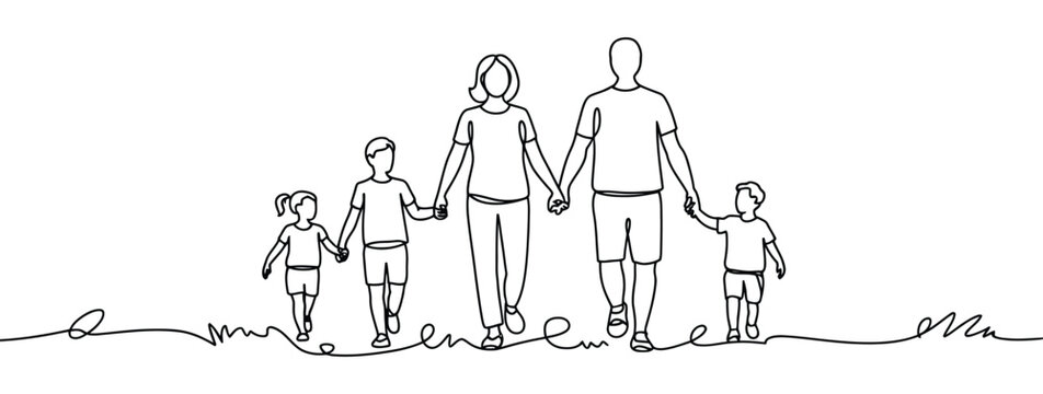 Line art of five family members walking hand-in-hand, symbolizing togetherness, love, parenting, and emotional bonding in minimal style.