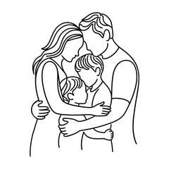 Family embrace icon in black outline featuring two adults and two children hugging, symbolizing love, unity, support, and emotional connection.