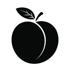 Black silhouette of a peach with a curved groove and leaf detail, representing fresh fruit, nature, and healthy food.