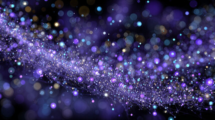 a cosmic scene with a stream of glowing particles and bokeh effects, creating a sense of movement and depth. The colors are predominantly purple and blue, giving it a futuristic appearance.