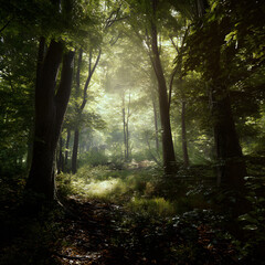 Obraz premium A forest with trees and a path