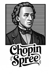  a black and white illustration featuring Frederic Chopin wearing a striped suit. Below the illustration, the text "Chopin Spree" is written in an ornate, cursive font.