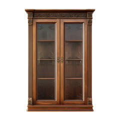 A wooden cabinet with two glass doors